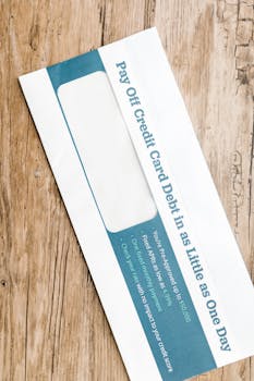 Close-up of a debt-related envelope on a wooden background, emphasizing financial concepts.