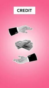 Monochrome hands exchanging dollar bills over a pink background with 'CREDIT' text.