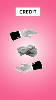 Monochrome hands exchanging dollar bills over a pink background with 'CREDIT' text.